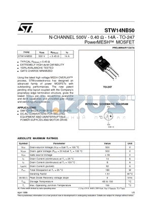 STW14NB50 datasheet - N-CHANNEL 500V - 0.40 ohm - 14A - TO-247 PowerMESH  MOSFET