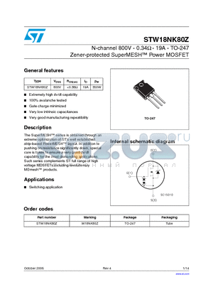 STW18NK80Z_06 datasheet - N-channel 800V - 0.34Y - 19A - TO-247 Zener-protected SuperMESH Power MOSFET