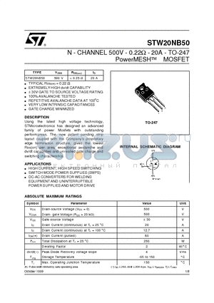 STW20NB50 datasheet - N - CHANNEL 500V - 0.22ohm - 20A - TO-247 PowerMESH  MOSFET