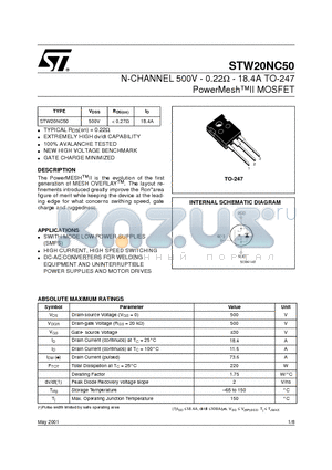 STW20NC50 datasheet - N-CHANNEL 500V - 0.22ohm - 18.4A TO-247 PowerMeshII MOSFET