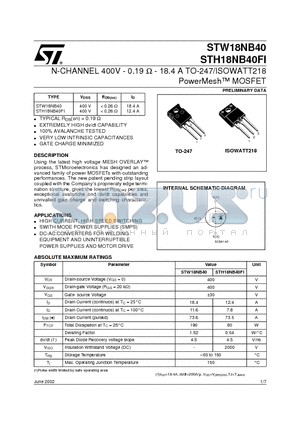 STW18NB40 datasheet - N-CHANNEL 400V - 0.19ohm - 18.4A TO-247/ISOWATT218 PowerMESH  MOSFET