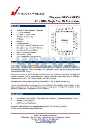 WE905 datasheet - 0.1 - 1GHx Single Chip FM Transceiver