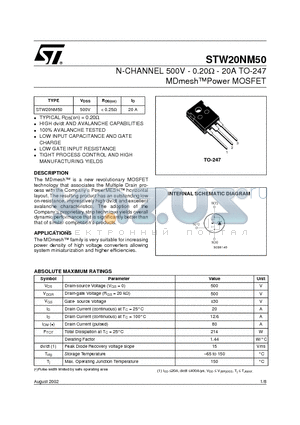 STW20NM50 datasheet - N-CHANNEL 500V - 0.20ohm - 20A TO-247 MDmeshPower MOSFET