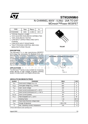 STW20NM60 datasheet - N-CHANNEL 600V - 0.26ohm - 20A TO-247 MDmeshPower MOSFET