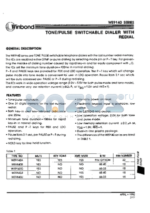 WE9140A datasheet - TONE/PULSE SWITCHABLE DIALER WITH REDIAL