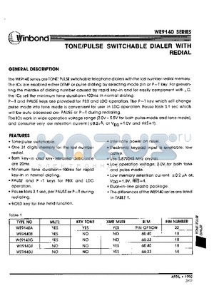 WE9140B datasheet - TONE/PULSE SWITCHABLE DIALER WITH REDIAL