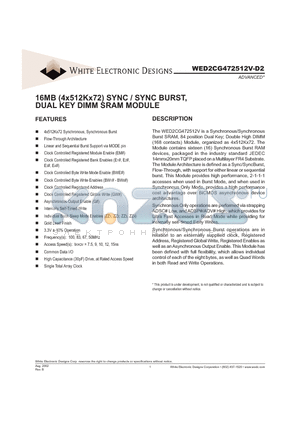 WED2CG472512V9D2 datasheet - 16MB (4x512Kx72) SYNC / SYNC BURST, DUAL KEY DIMM SRAM MODULE