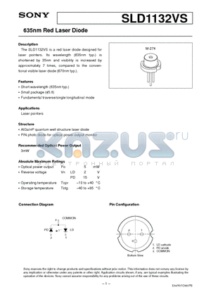 SLD1132VS datasheet - 635nm Red Laser Diode