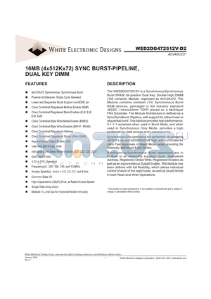 WED2DG472512V-D2 datasheet - 16MB (4x512Kx72) SYNC BURST-PIPELINE, DUAL KEY DIMM