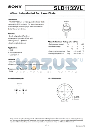 SLD1133VL datasheet - 650nm Index-Guided Red Laser Diode