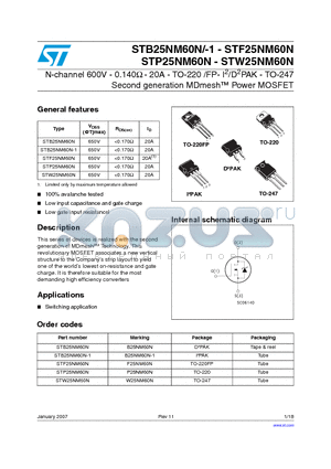 STW25NM60N datasheet - N-channel 600V - 0.140Y - 20A - TO-220 /FP- I2/D2PAK - TO-247 Second generation MDmesh Power MOSFET