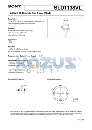 SLD1138VL datasheet - 650nm Multimode Red Laser Diode