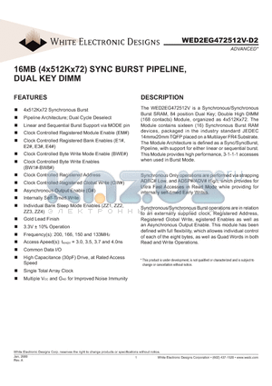 WED2EG472512V6D2 datasheet - 16MB (4x512Kx72) SYNC BURST PIPELINE, DUAL KEY DIMM