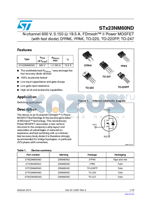 STW23NM60ND datasheet - N-channel 600 V, 0.150 Y, 19.5 A, FDmesh II Power MOSFET (with fast diode) DbPAK, IbPAK, TO-220, TO-220FP, TO-247