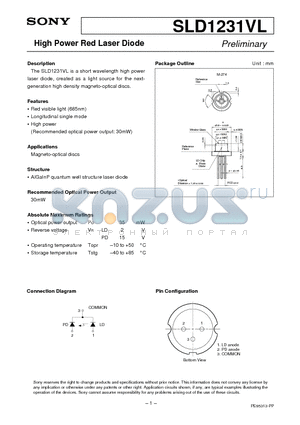 SLD1231VL datasheet - High Power Red Laser Diode