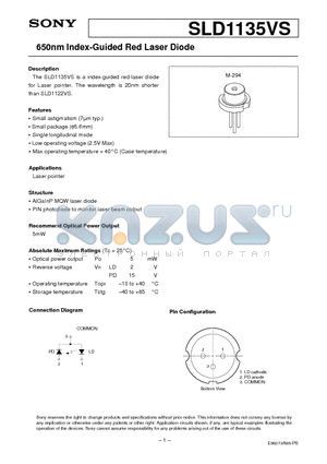 SLD1135VS datasheet - 650nm Index-Guided Red Laser Diode