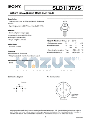 SLD1137VS datasheet - 650nm Index-Guided Red Laser Diode