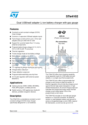 STW4102IQT datasheet - Dual USB/wall adapter Li-ion battery charger with gas gauge