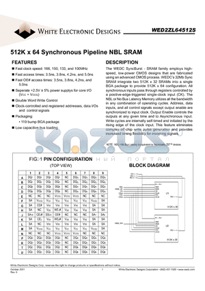 WED2ZL64512S42BC datasheet - 512K x 64 Synchronous Pipeline NBL SRAM