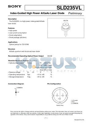 SLD235VL datasheet - Index-Guided High Power AlGaAs Laser Diode