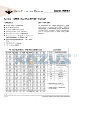 WED3DG6316V75D2 datasheet - 128MB-16Mx64 SDRAM UNBUFFERED