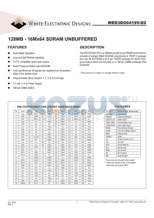 WED3DG6319V10D2 datasheet - 128MB - 16Mx64 SDRAM UNBUFFERED