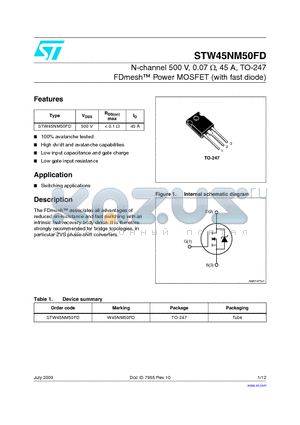 STW45NM50FD datasheet - N-channel 500 V, 0.07 Y, 45 A, TO-247 FDmesh Power MOSFET (with fast diode)