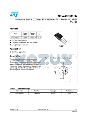 STW43NM50N datasheet - N-channel 500 V, 0.070 Y, 37 A MDmesh II Power MOSFET TO-247