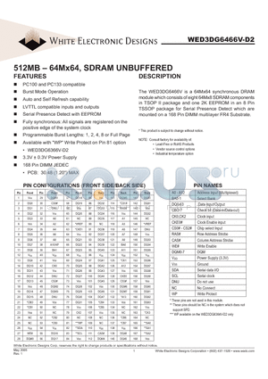 WED3DG6366V7D2 datasheet - 512MB -64Mx64, SDRAM UNBUFFERED