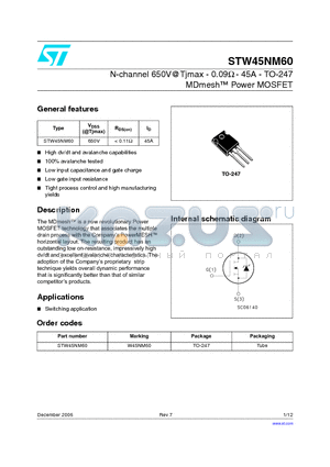 STW45NM60 datasheet - N-CHANNEL 600V - 0.09ohm - 45A TO-247 MDmes TM Power MOSFET