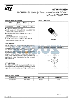 STW45NM50 datasheet - N-CHANNEL 550V Tjmax - 0.08ohm - 45A TO-247 MDmesh TM MOSFET