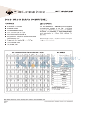 WED3DG639V10D2 datasheet - 64MB- 8M x 64 SDRAM UNBUFFERED