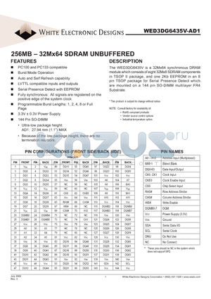 WED3DG6435V-AD1 datasheet - 256MB - 32Mx64 SDRAM UNBUFFERED