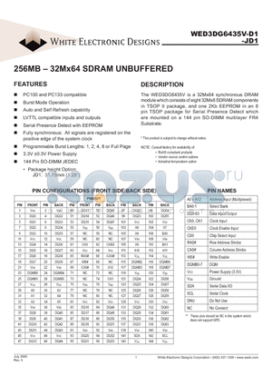 WED3DG6435V-D1 datasheet - 256MB - 32Mx64 SDRAM UNBUFFERED