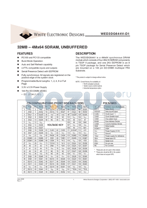 WED3DG644V-D1 datasheet - 32MB - 4Mx64 SDRAM, UNBUFFERED