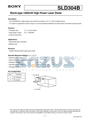 SLD304B datasheet - Block-type 1000mW High Power Laser Diode