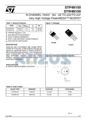 STW4N150 datasheet - N-CHANNEL 1500V - 5 - 4A TO-220/TO-247 Very High Voltage PowerMESH MOSFET