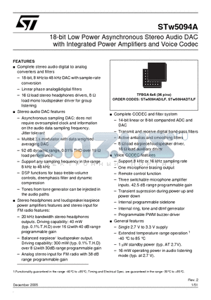 STW5094A datasheet - 18-bit Low Power Asynchronous Stereo Audio DAC with Integrated Power Amplifiers and Voice Codec