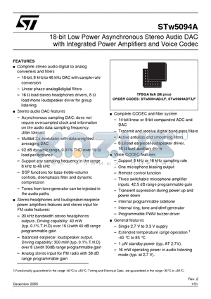 STW5094ADLF datasheet - 18-bit Low Power Asynchronous Stereo Audio DAC with Integrated Power Amplifiers and Voice Codec