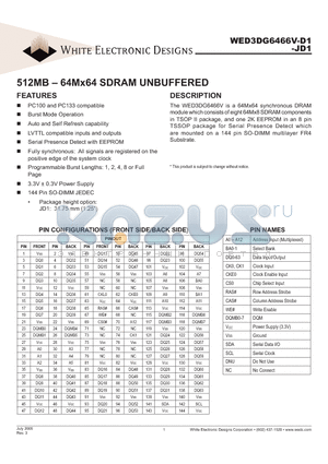 WED3DG6466V-D1 datasheet - 512MB -64Mx64 SDRAM UNBUFFERED