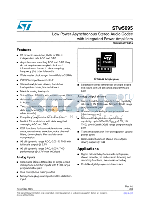 STW5095 datasheet - Low Power Asynchronous Stereo Audio Codec with Integrated Power Amplifiers
