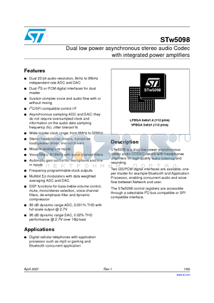 STW5098T datasheet - Dual low power asynchronous stereo audio Codec with integrated power amplifiers