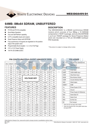 WED3DG649V-D1 datasheet - 64MB- 8Mx64 SDRAM, UNBUFFERED