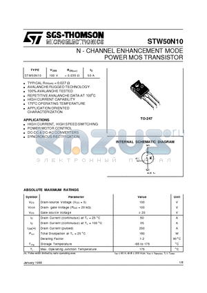 STW50N10 datasheet - N - CHANNEL ENHANCEMENT MODE POWER MOS TRANSISTOR