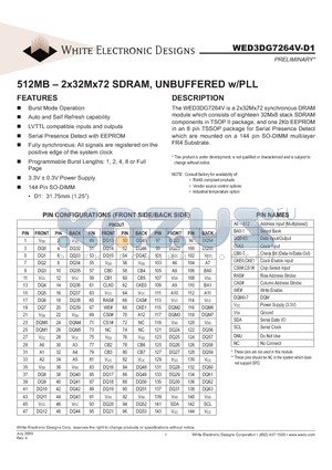 WED3DG7264V-D1 datasheet - 512MB - 2x32Mx72 SDRAM, UNBUFFERED w/PLL