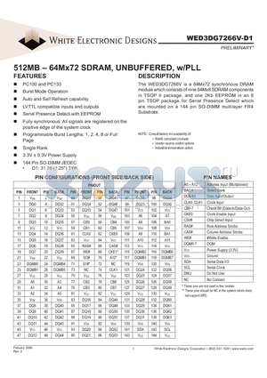 WED3DG7266V10D1I-SG datasheet - 512MB - 64Mx72 SDRAM, UNBUFFERED, w/PLL