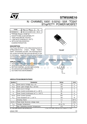 STW55NE10 datasheet - N - CHANNEL 100V - 0.021ohm - 55A - TO247 STripFET  POWER MOSFET