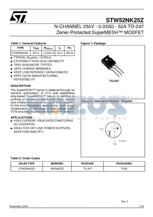 STW52NK25Z datasheet - N-CHANNEL 250V - 0.033 - 52A TO-247 Zener-Protected SuperMESH MOSFET