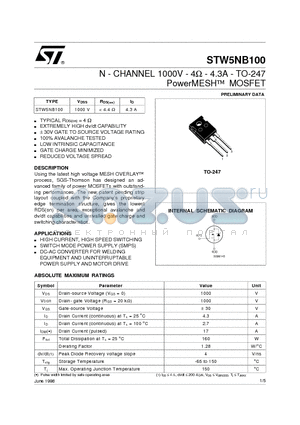 STW5NB100 datasheet - N - CHANNEL 1000V - 4ohm - 4.3A - TO-247 PowerMESH  MOSFET