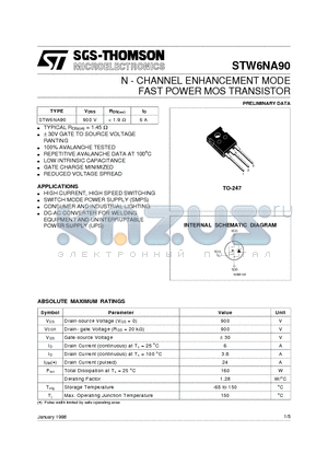 STW6NA90 datasheet - N - CHANNEL ENHANCEMENT MODE FAST POWER MOS TRANSISTOR